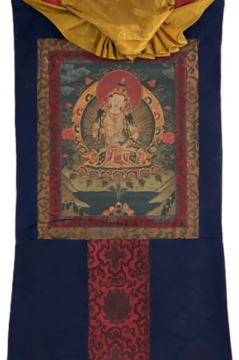 ORIGINAL HAND-PAINTED VAJRASATTVA TIBETAN THANGKA PAINTING WITH SILK BROCADE