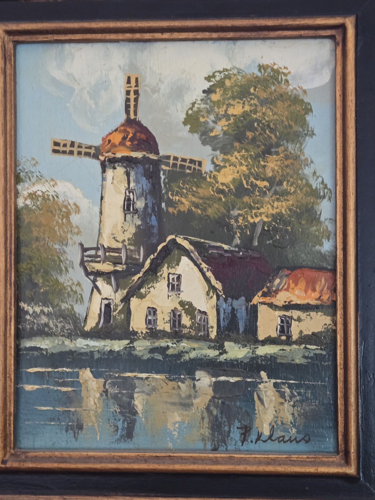 Signed P Klaus Oil on Board Painting Windmill 13.5″x11.5″