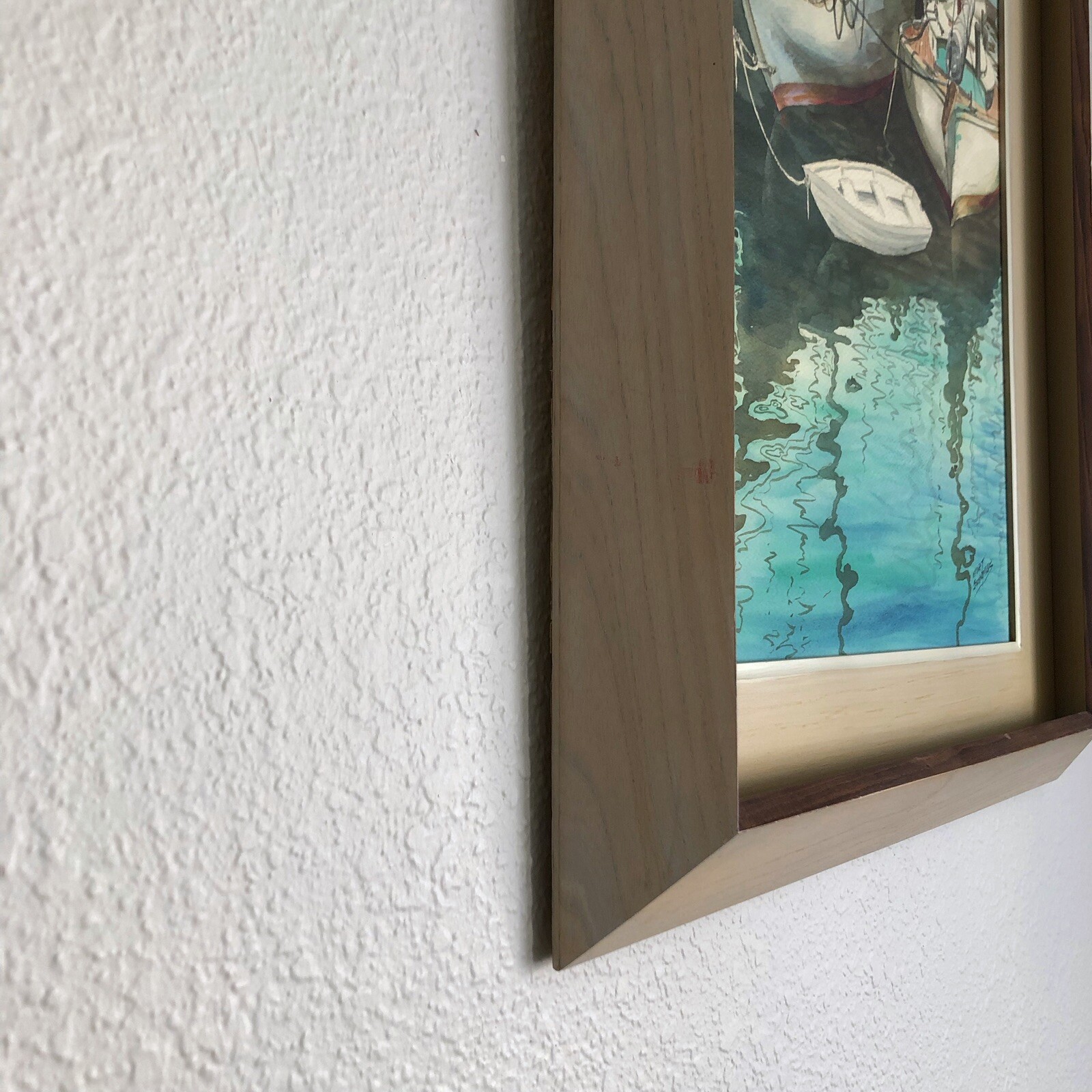 Schneider Signed Custom Framed Art Watercolor Docked Sailboats Ripple in Water