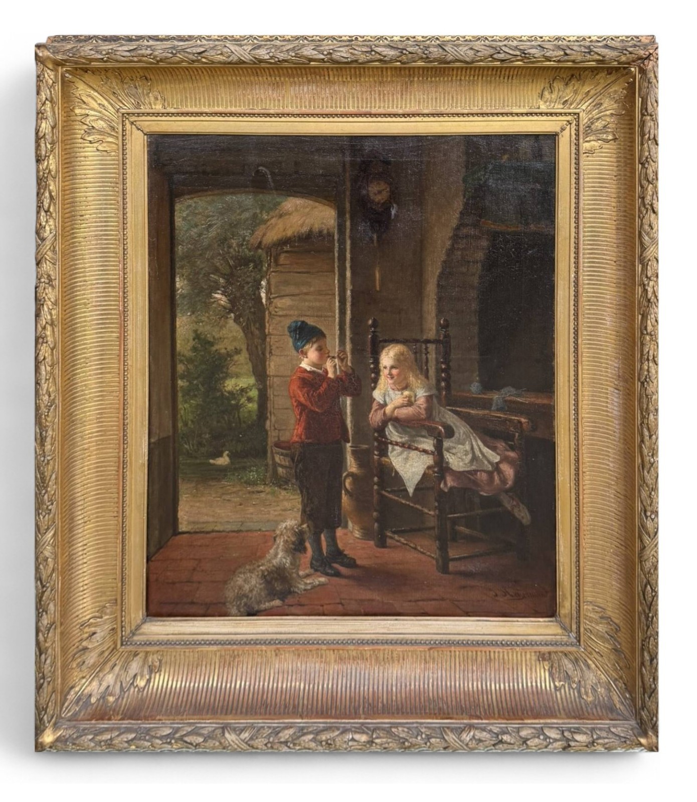Antique 19th Century Oil Painting – Smoking in Secret in a Rustic Interior