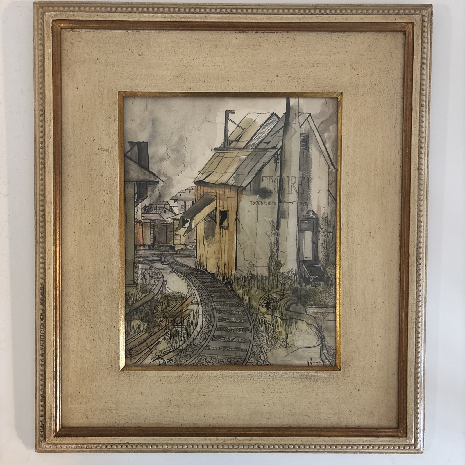 Framed Original Watercolor Painting Of A Train Depot Signed By Artist