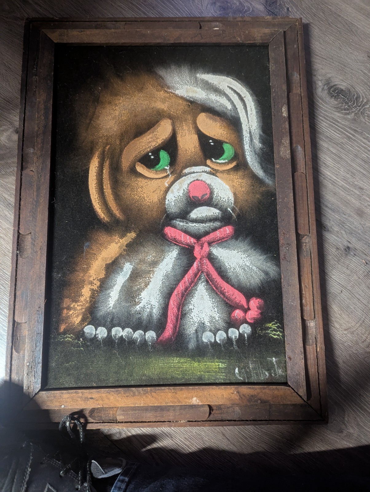Signed Vintage Velvet Painting, Wooden Frame, Featuring A Sad Puppy