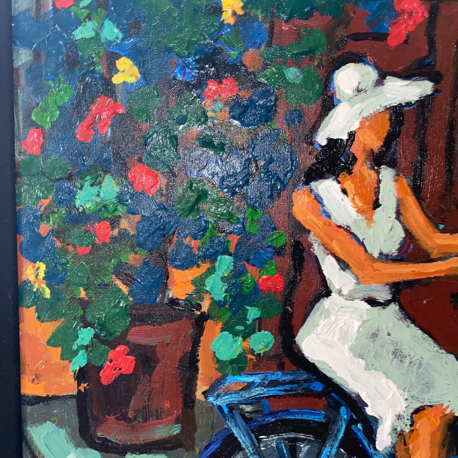 Large Framed Woman Nature Yvonne Mora Acrylic On Canvas Impressionist Floral
