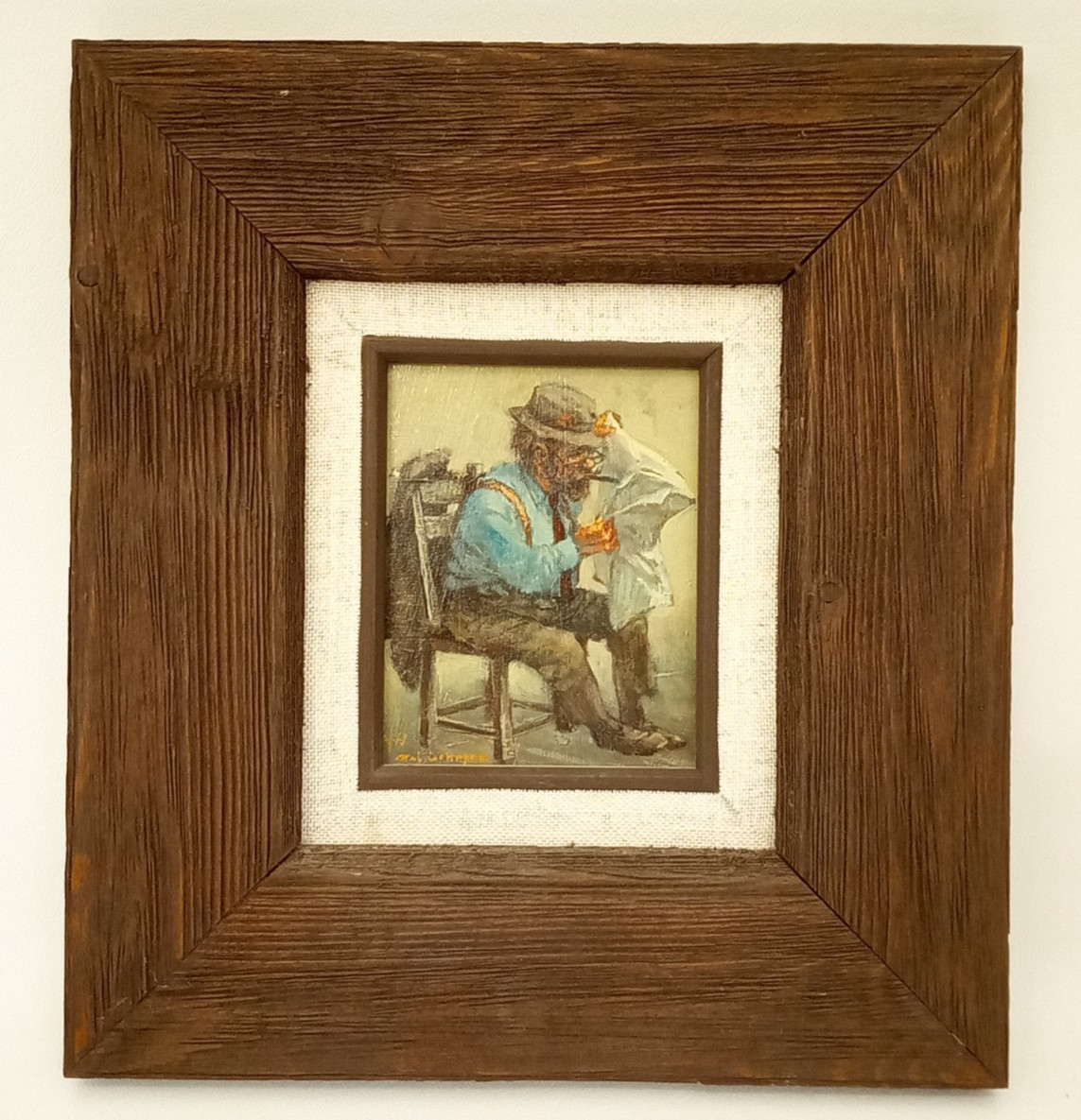 Listed artist Mel Johnson oil painting framed signed Old man with hat paper