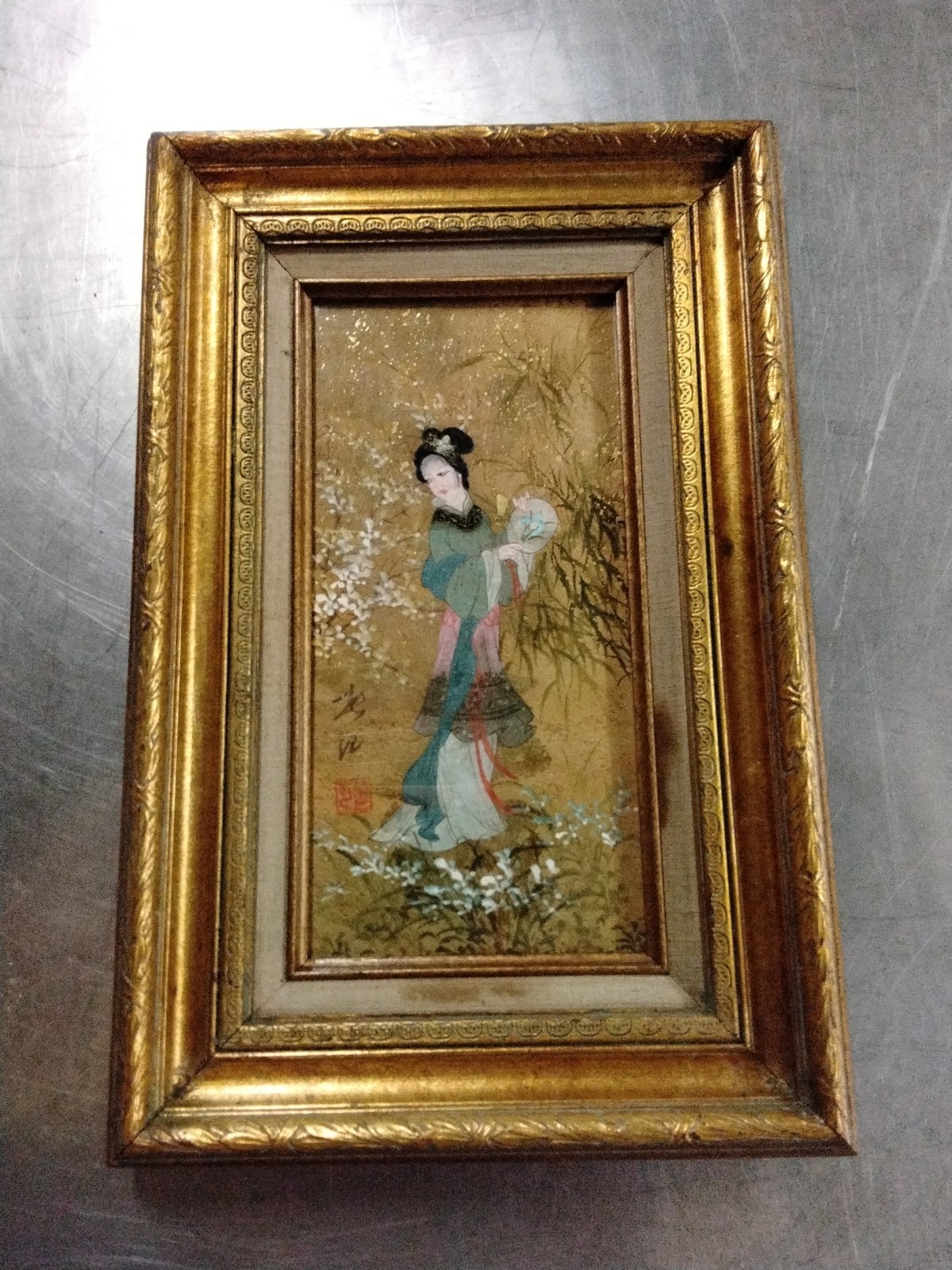 Vintage Marlin Art Chinese Meiren Painting Oil on Cork 6×12 Oriental Princess