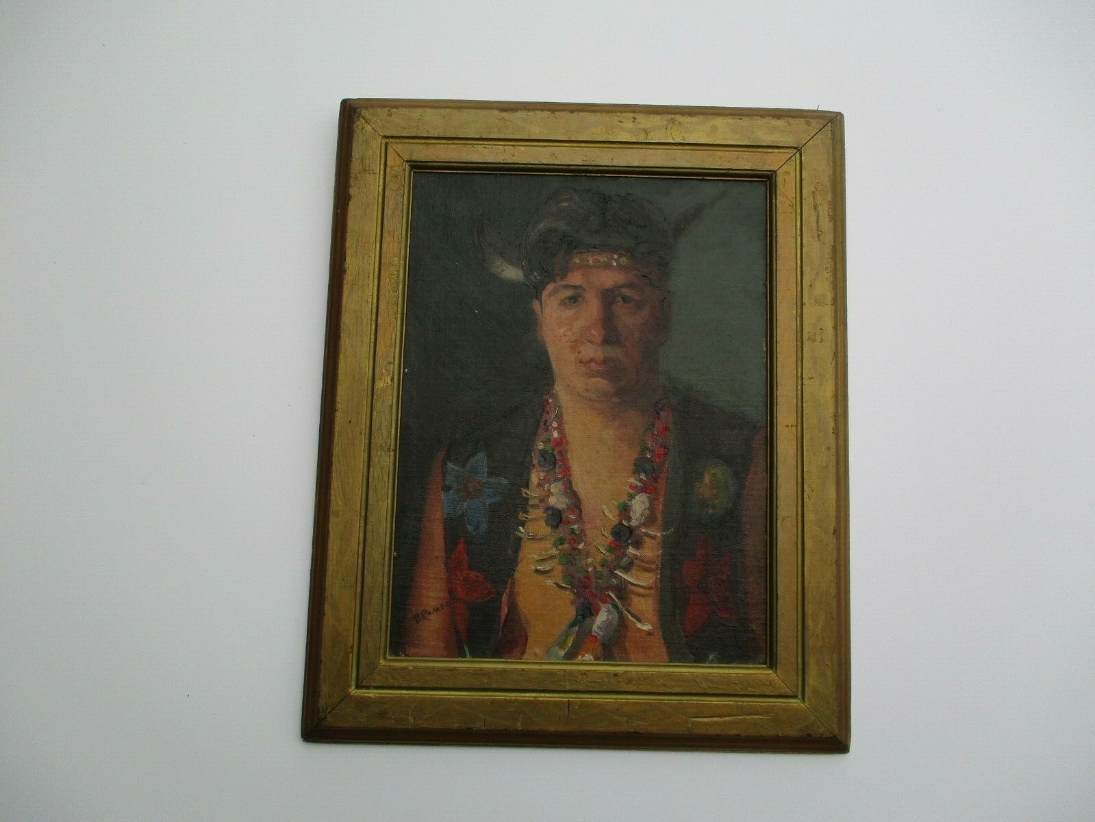 VINTAGE ANTIQUE OIL PAINTING PORTRAIT OF A NATIVE AMERICAN INDIAN WITH JEWELRY