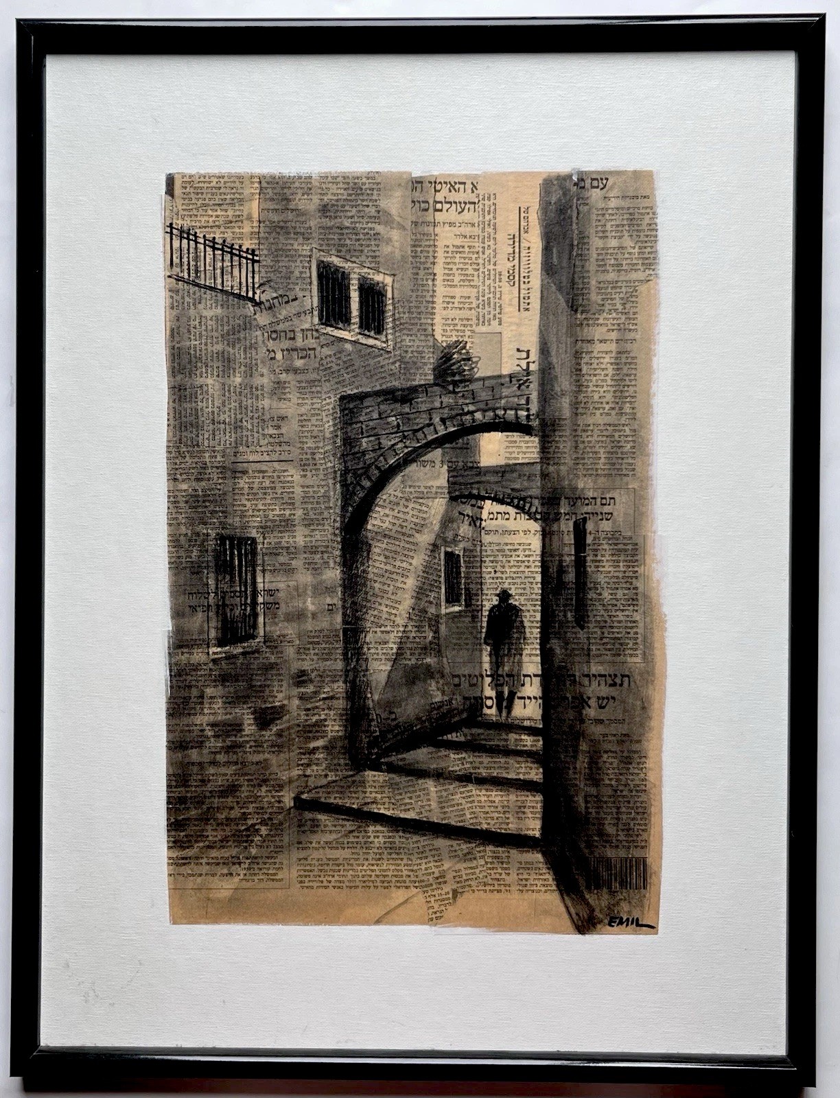 Emil Brand Original Ink Painting Old Jerusalem Israel Hebrew Newspaper Signed