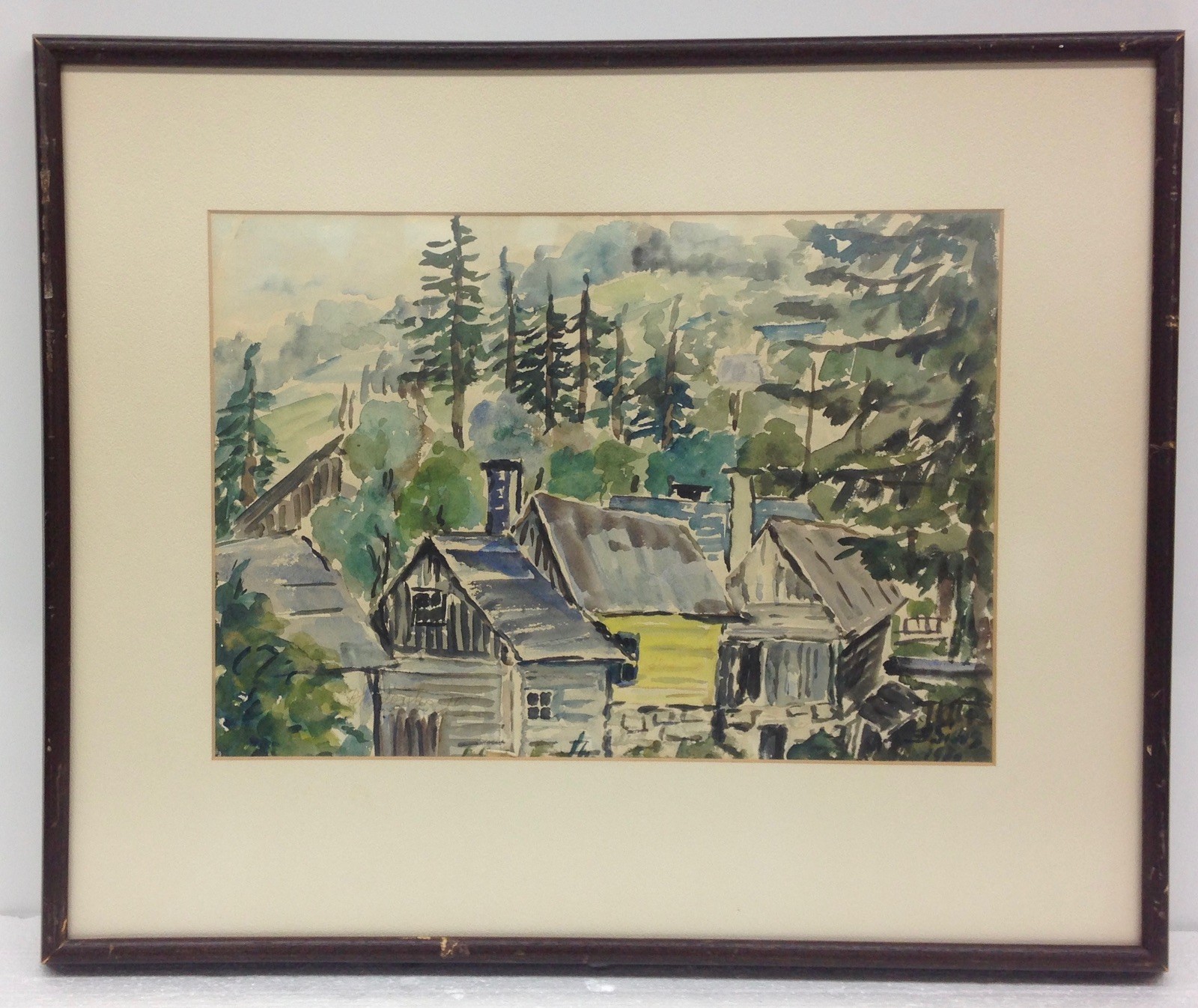 Vintage 23×19″ Old Town Cabins in Woods Forest Framed Watercolor Art Painting