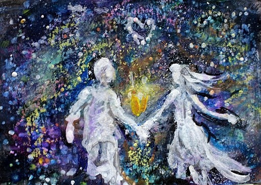 ACEO Original Painting TWIN FLAME Universal Energy Soul Union Stars Love ATC ART