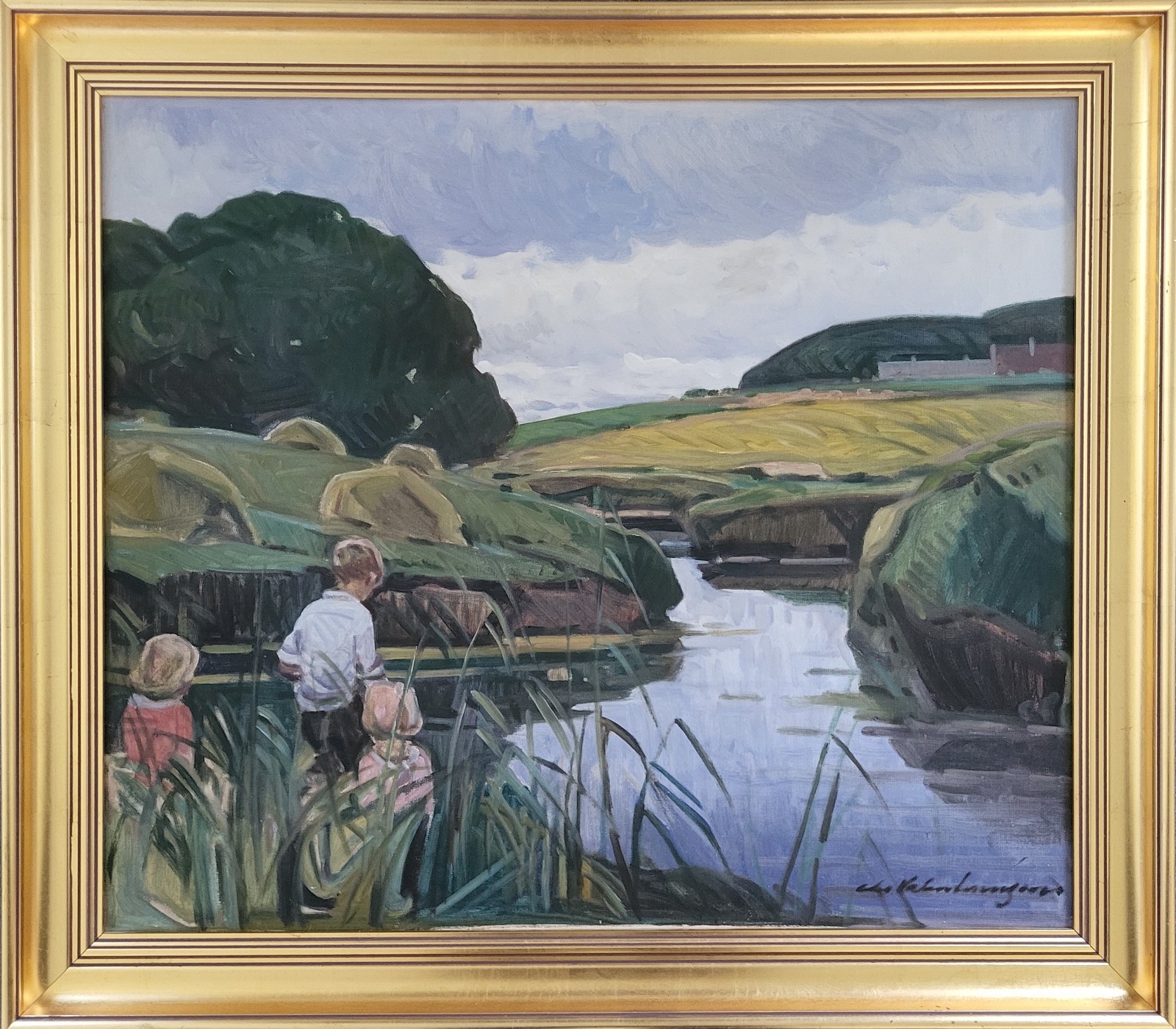 Oil painting. Christian Valentinusen(1903-1984):”Playing by the creek”