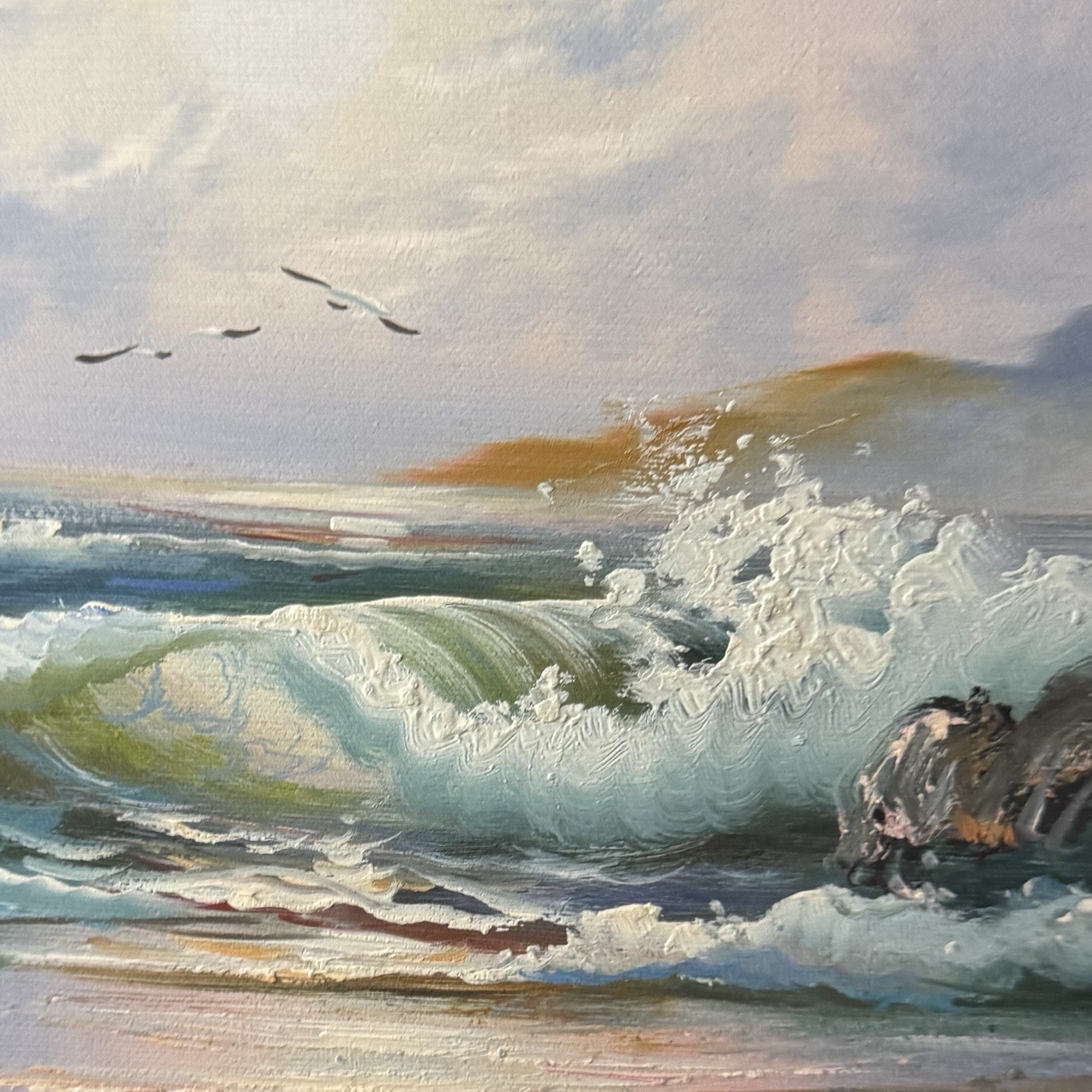 Original Oil Painting Seashore Birds Beach Wood Frame Signed 7.5”x9.5” 12.5”x14”