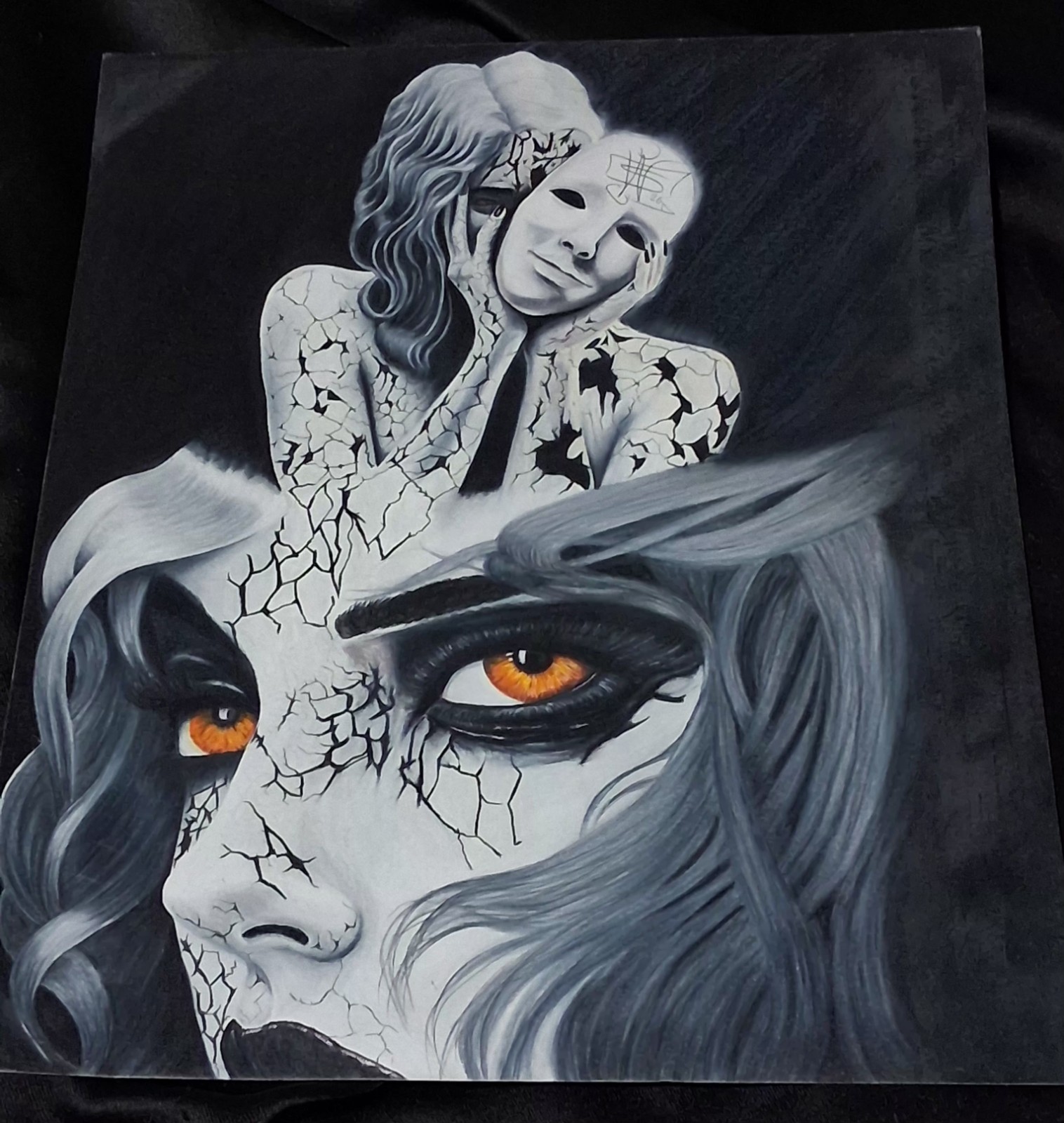 Surrealism woman portrait with mask painting signed unframed fantasy