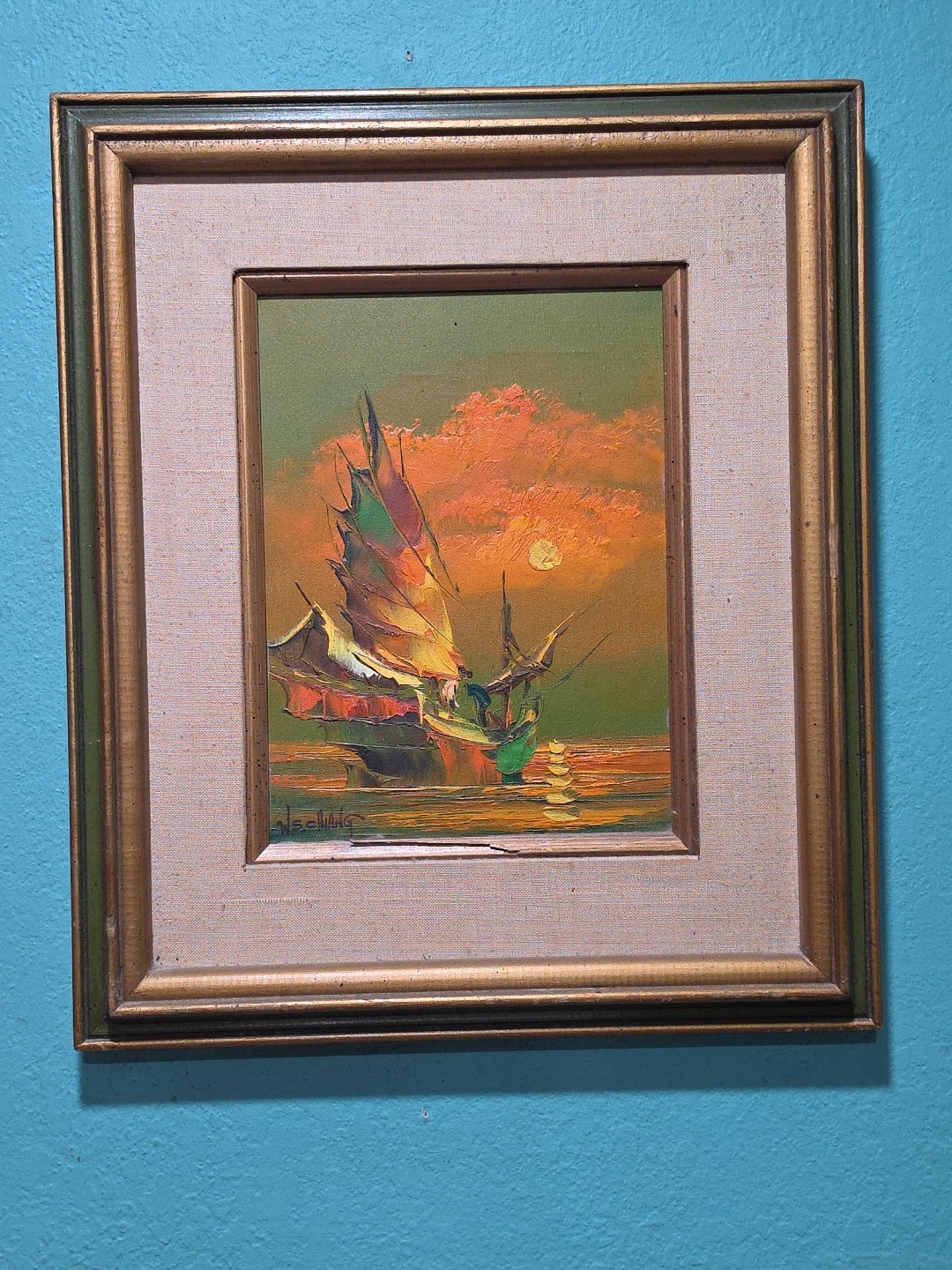 Vtg Original Oil Painting On Canvas Of A Chinese Junk Boat Artist W. S. Chiang