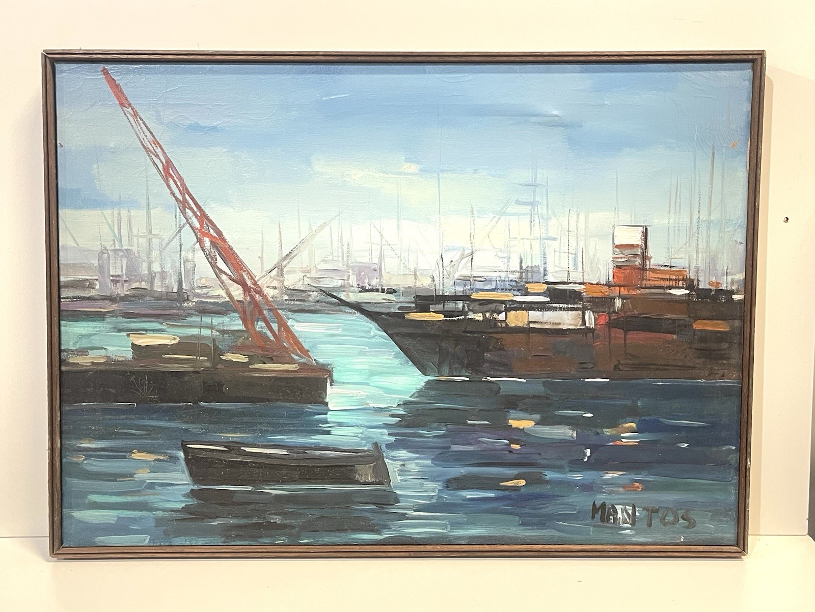 Vintage Harbor Shipyard Nautical Scene Painting On Canvas Framed Signed