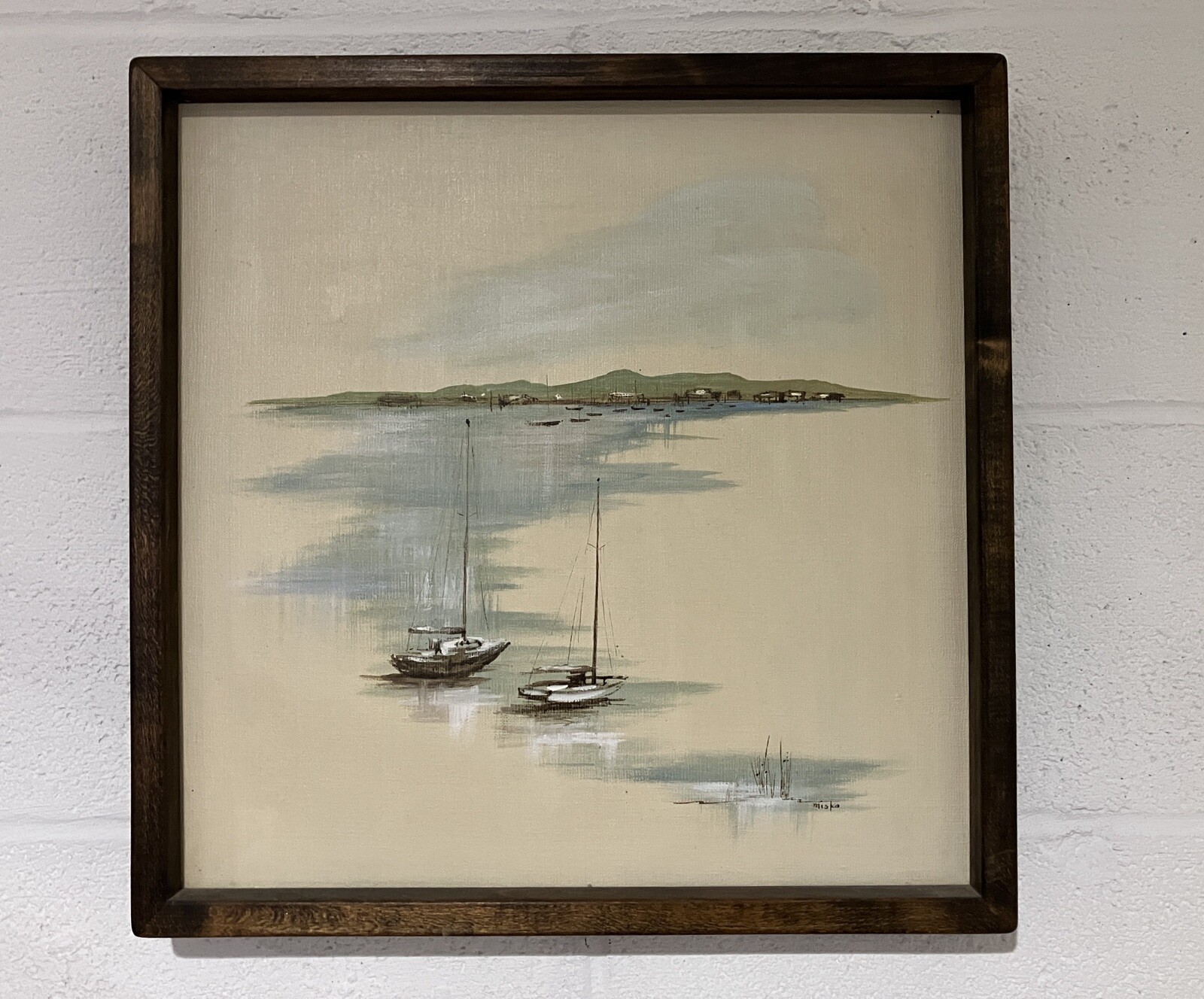 Nautical Original Painting Signed MISKO Sailboats 1974 15 x 15 inches Ann Arbor