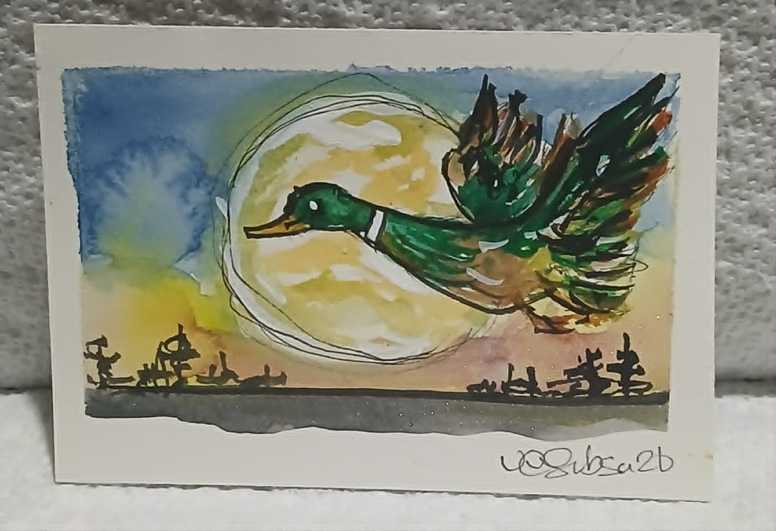 OOAK Duck in Flight ACEO Watercolor Miniature by Virginia Glowing Moon & Sunset