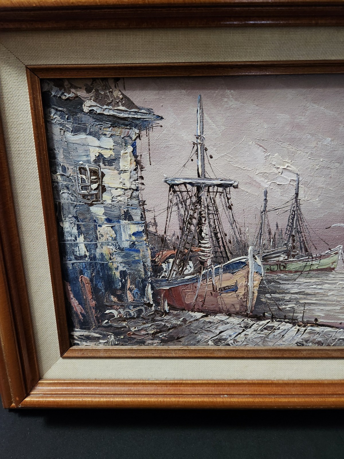 Vintage Framed Oil Painting Harbor Scene Fishing Boat Signed Florence Nautical