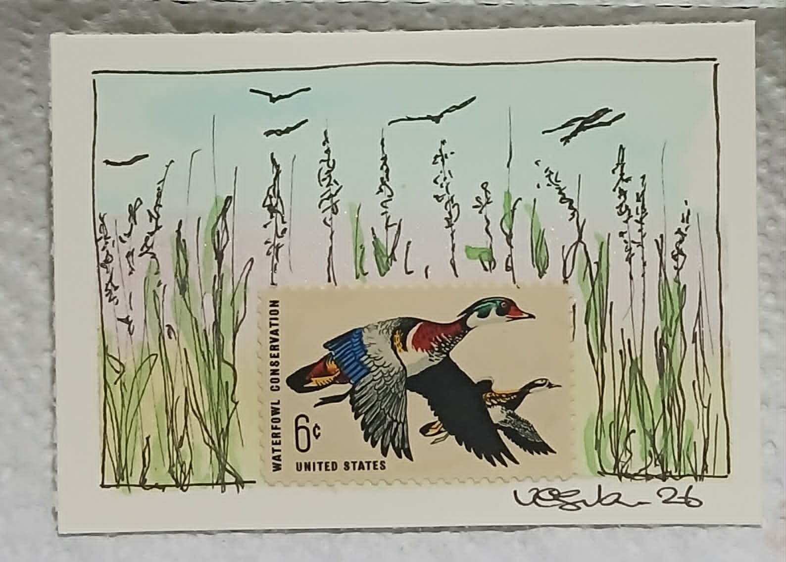 Waterfowl Conservation Ducks Postal Whimsy OOAK ACEO Watercolor Rising Sun Art