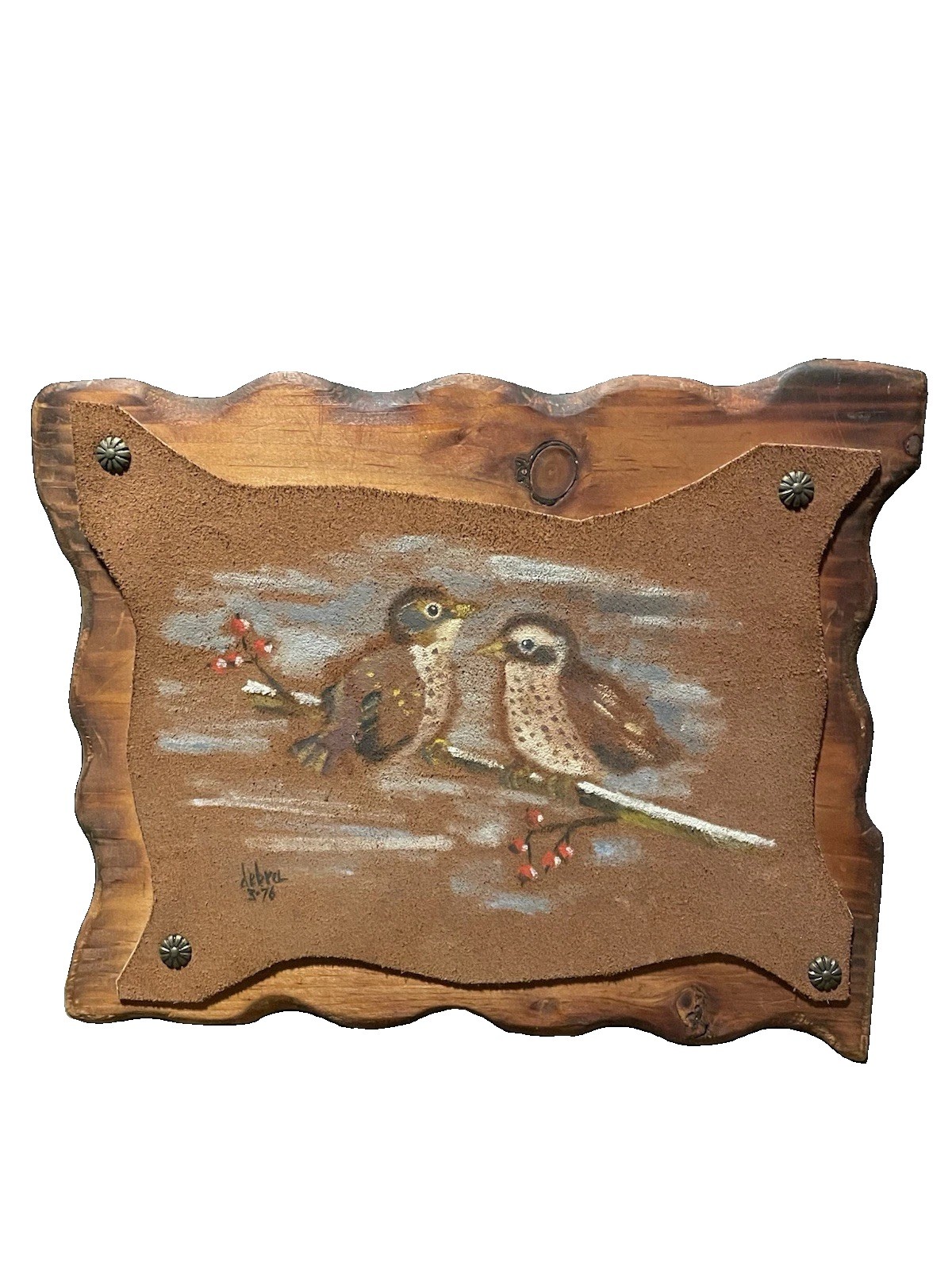 Hand Painted Birds On Suede Artist Signed 1976 Mounted On Wood Wall Hanging