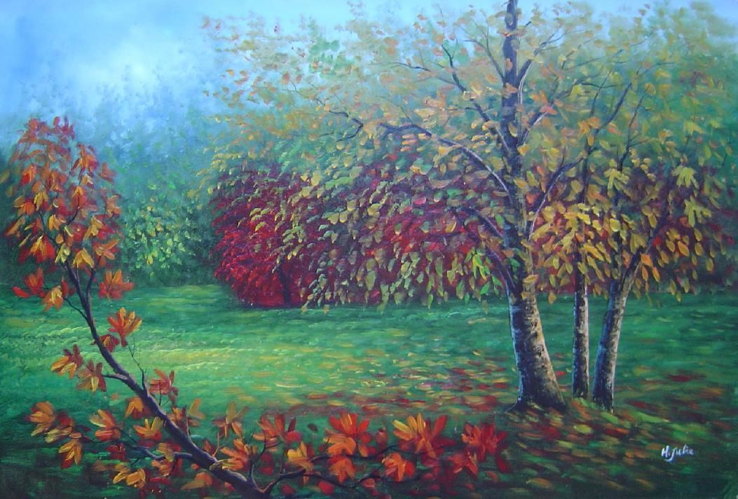 24×36 Red and Yellow Trees in Green Field Oil Painting Naturalism Landscape