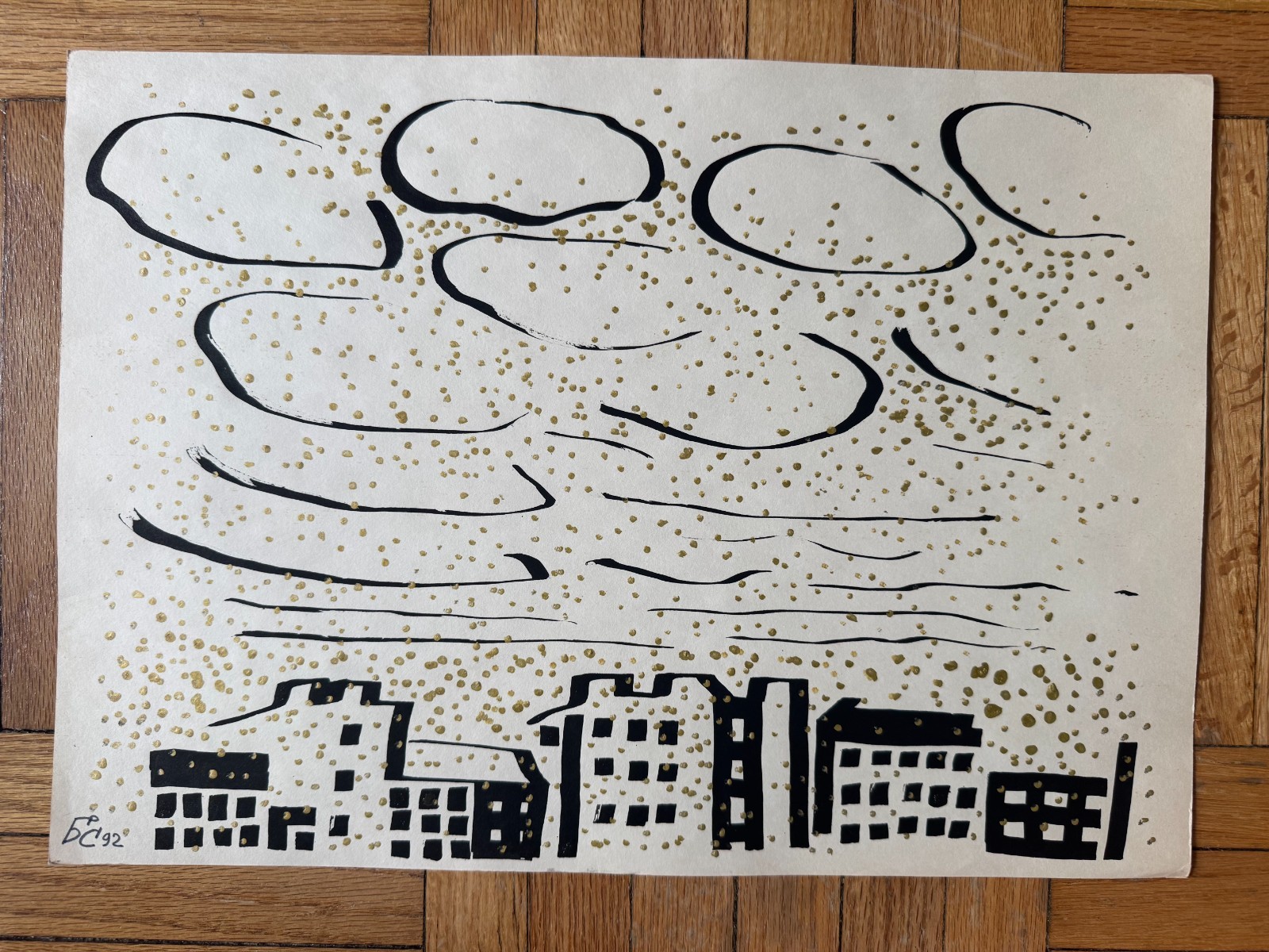 Vintage 1990s Ink and Gold Paint Cityscape on Paper Signed Dated 11.5 x 16 OOAK