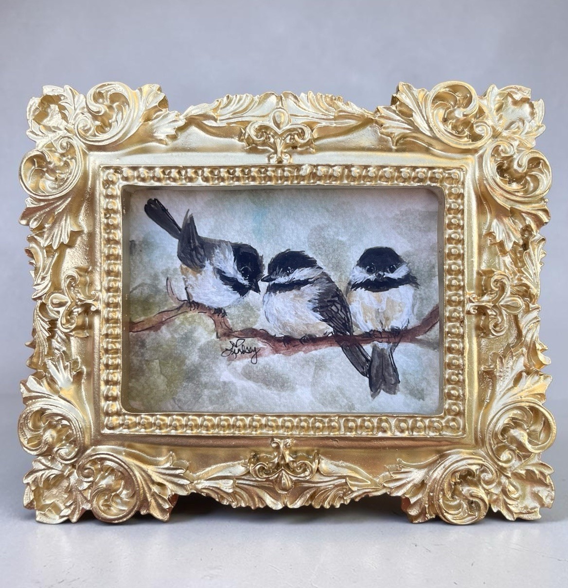“Chickadee Party of Three” mini watercolor bird print • vintage ornate frame