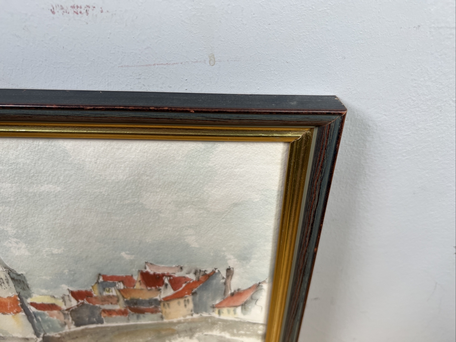 Vintage Framed Watercolor Sketch European Bridge Cityscape in Schenkelberg 15×11