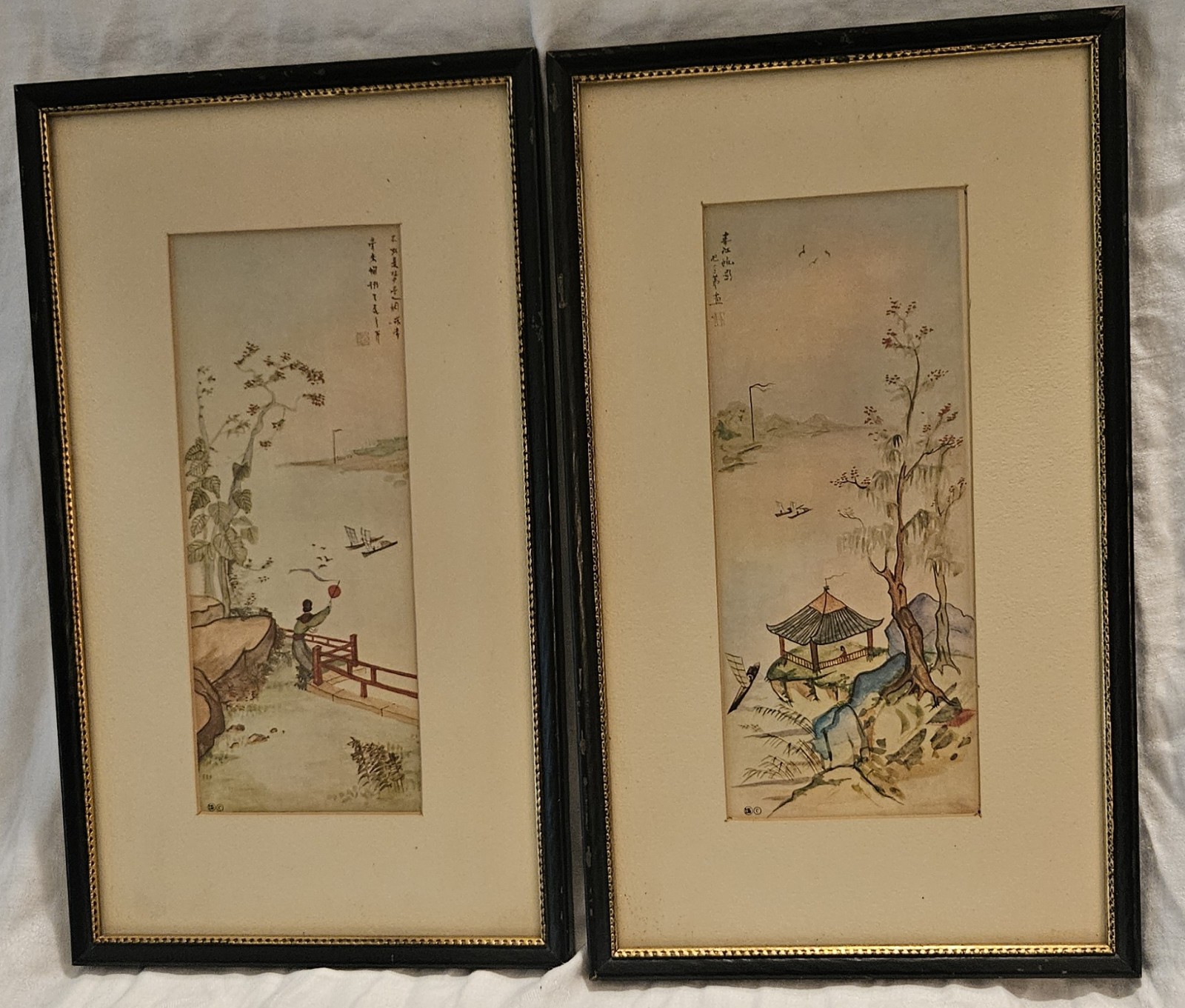 Set of 2 Vintage Signed Asian Watercolor Outdoor Water Scenes 9×15 Matted Framed