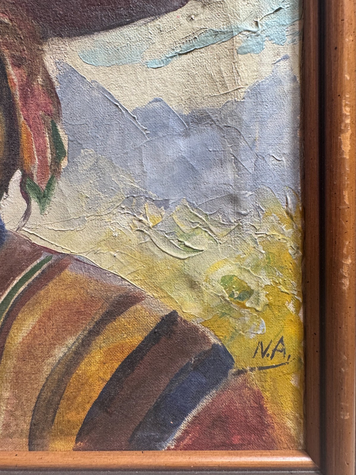 Vintage N A Initialed Andean Man Portrait Oil Painting on Canvas Wood Frame 13.5