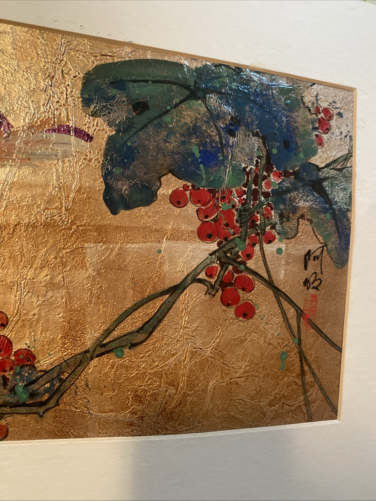 Beautiful Asian Artwork Bird & Flower Gouache /Gold leaf Style Signed by Artist
