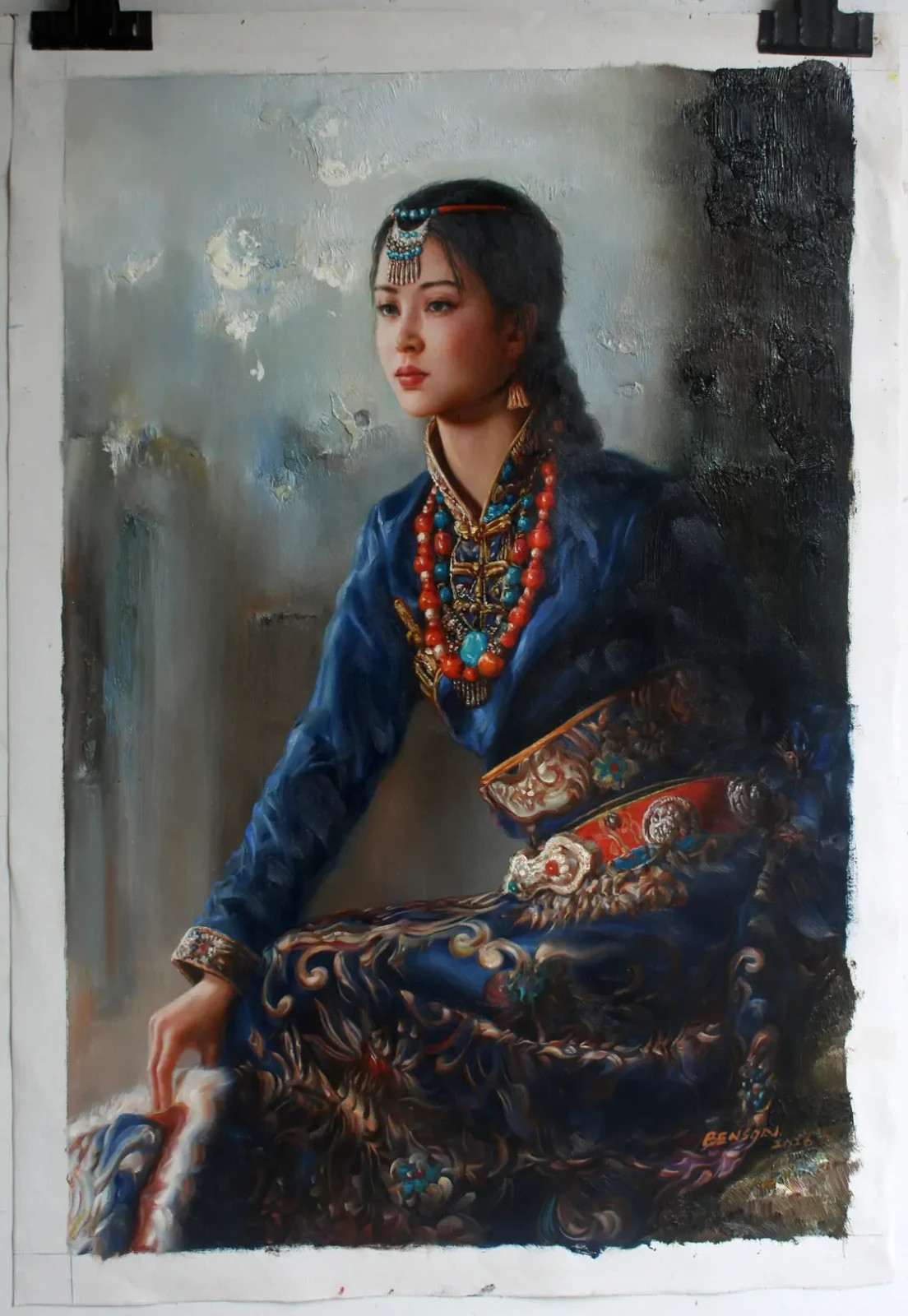 Asian art portrait of Tibetan girl original oil painting–Hand-Painted 24″x36″