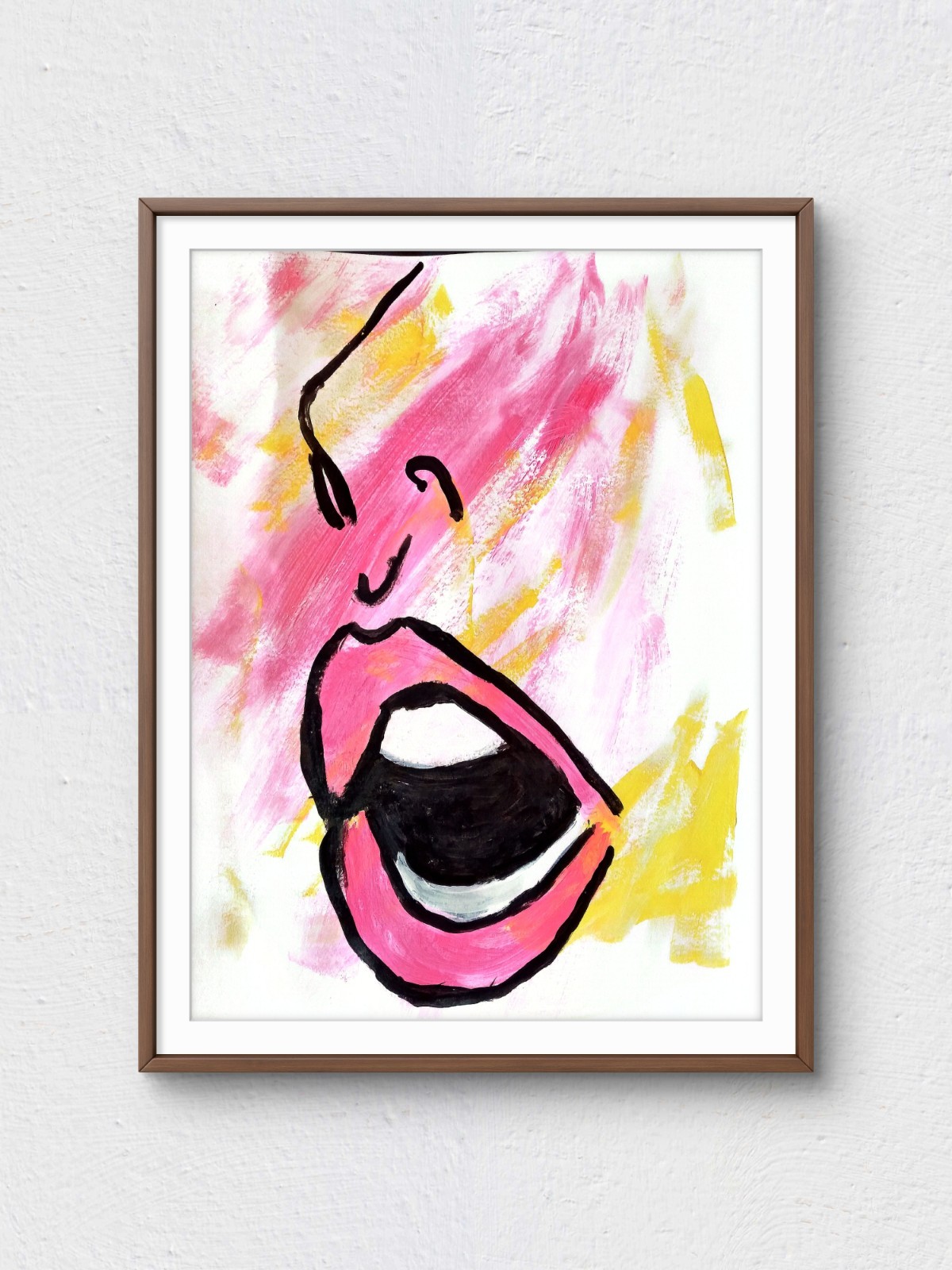 Original 9×12 Illustrative Expressive Pink Yellow Face Acrylic Signed Paper Art