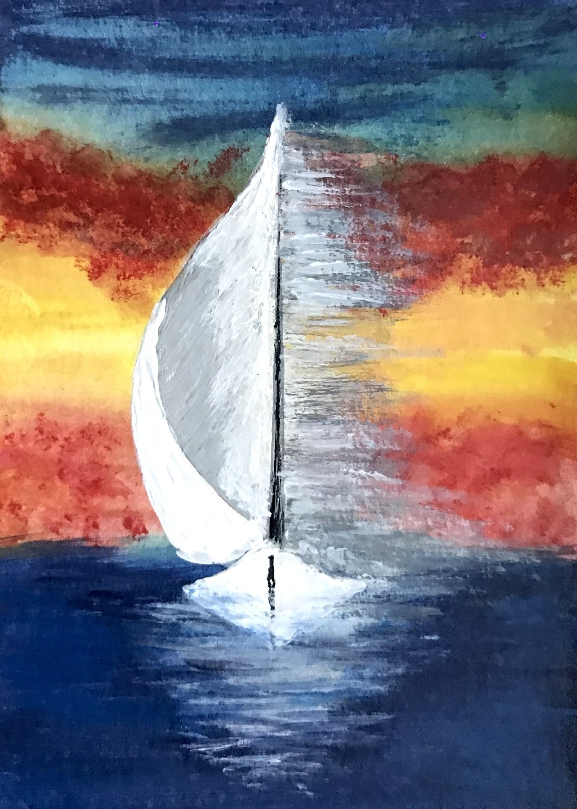 ACEO Mini **Art Print** Painting Blue Sea Clouds White Sailboat by Saulite