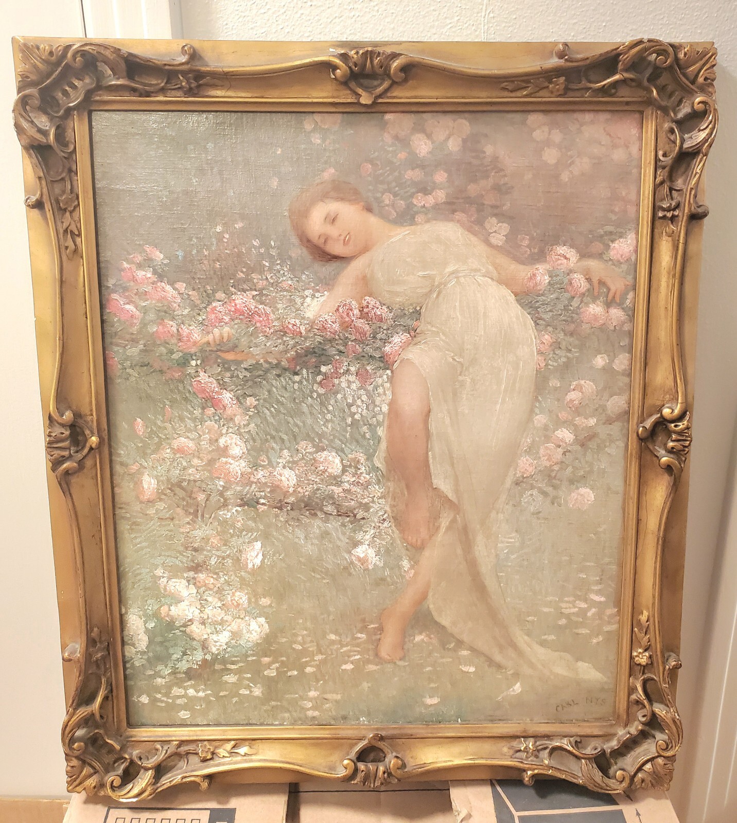 Carl Nys Belgian Listed Artist (b. 1858) Oil On Canvas “Woman Amongst Flowers”