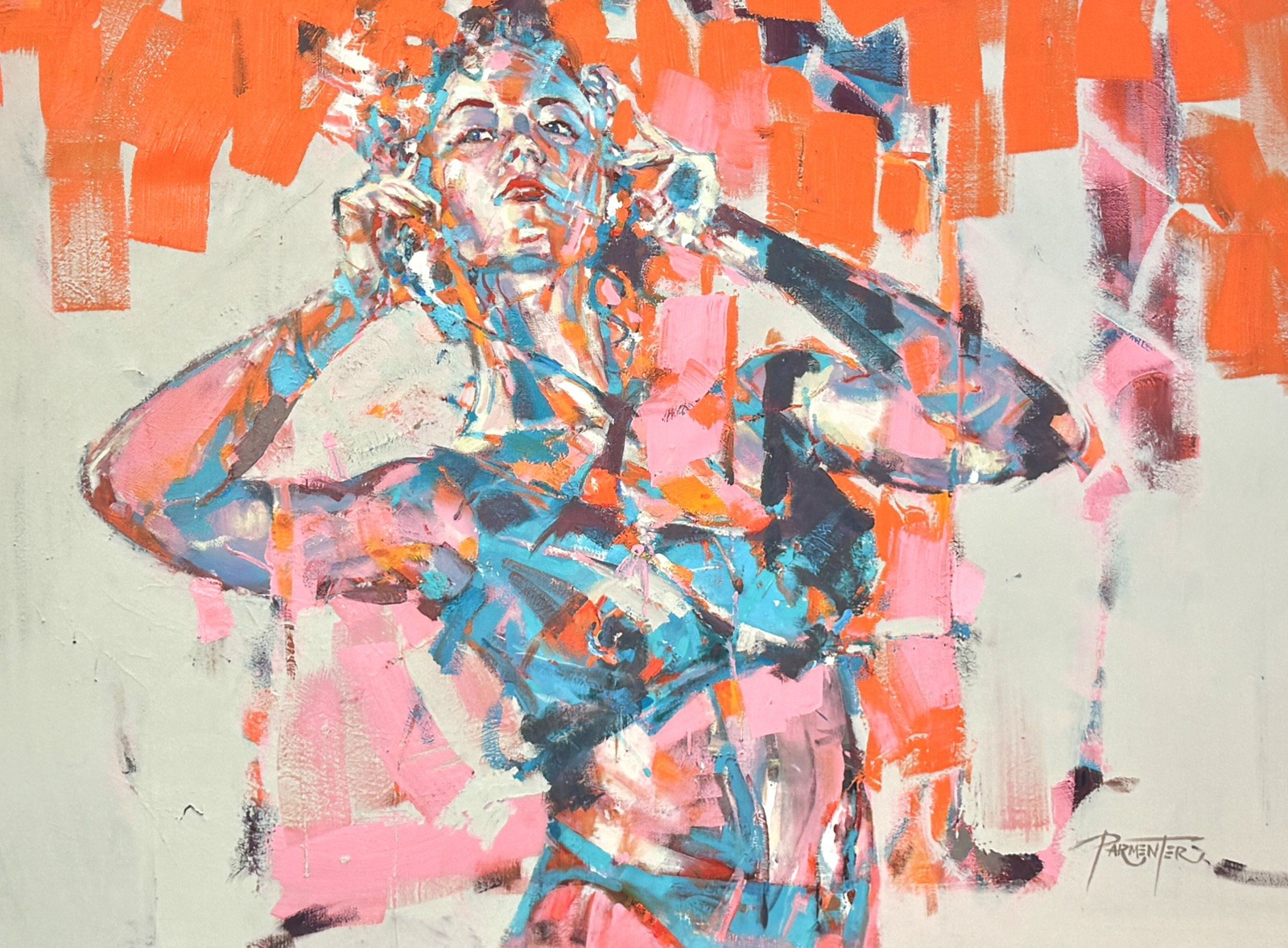 XL Original Canvas “Ascendant In Orange & Pink” 44” X 58” Art Painting – Signed