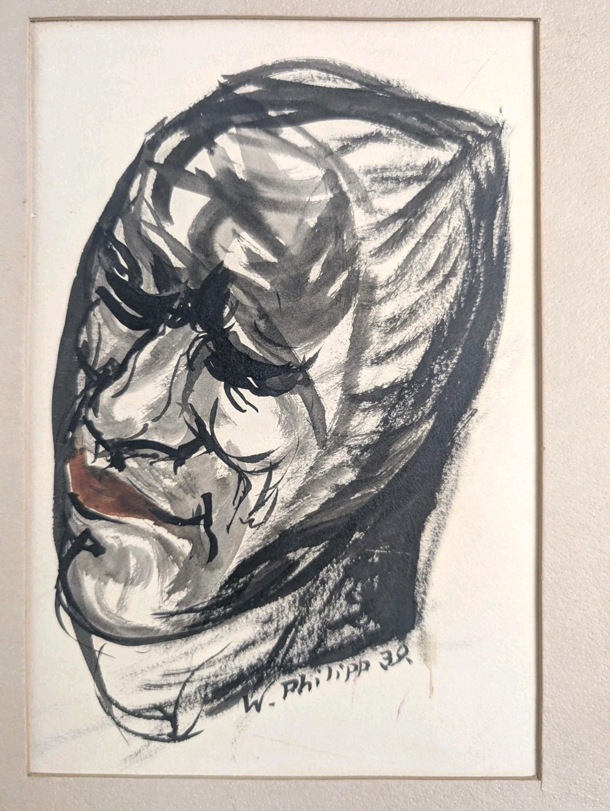 Werner Philipp 1939 Signed Expressionist Ink Wash Portrait Painting Original