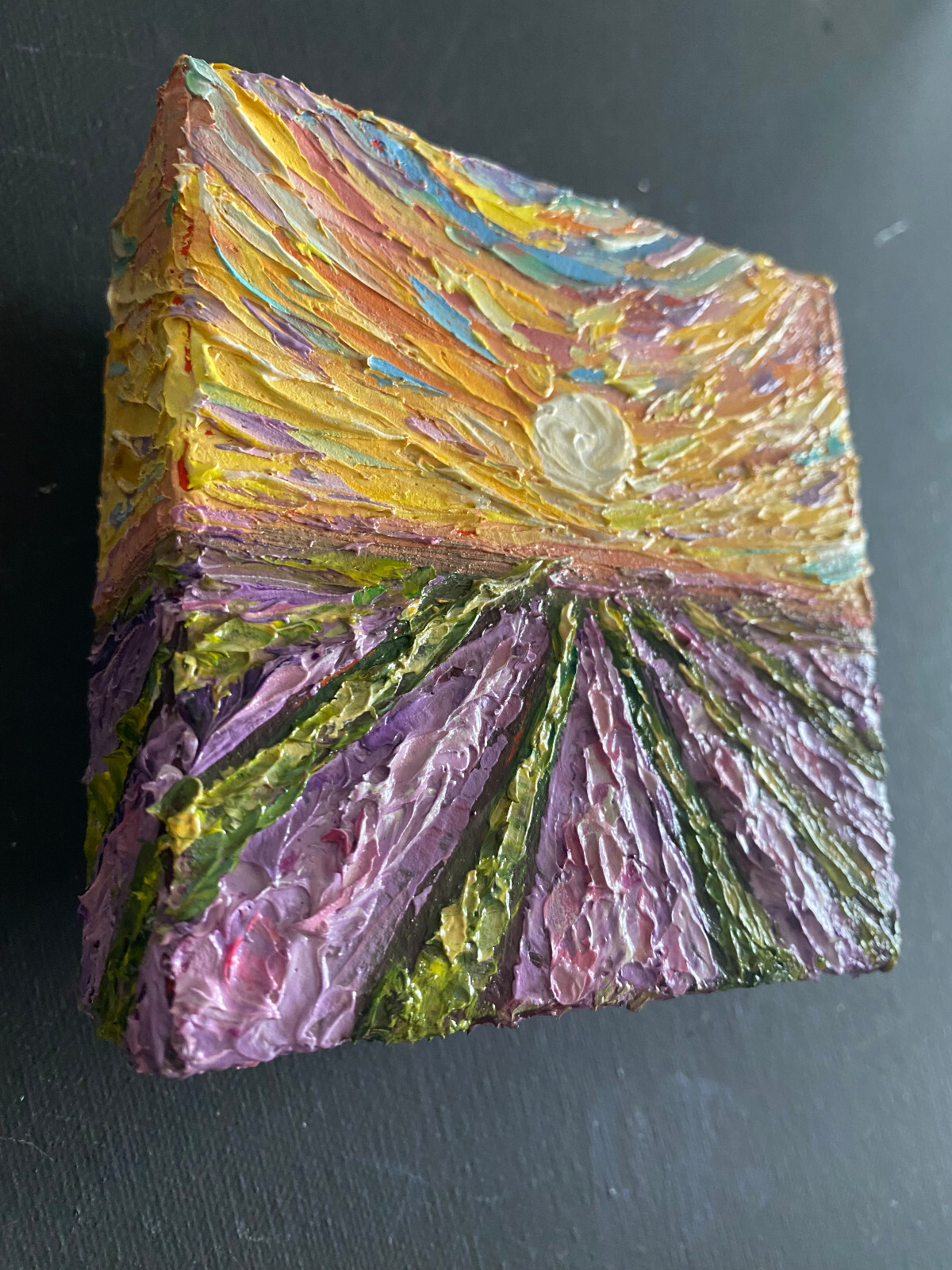 ORIGINAL OIL impasto Painting “LAVENDER FIELD” 4″X4″ X 1.5″ by Olga Diduh.