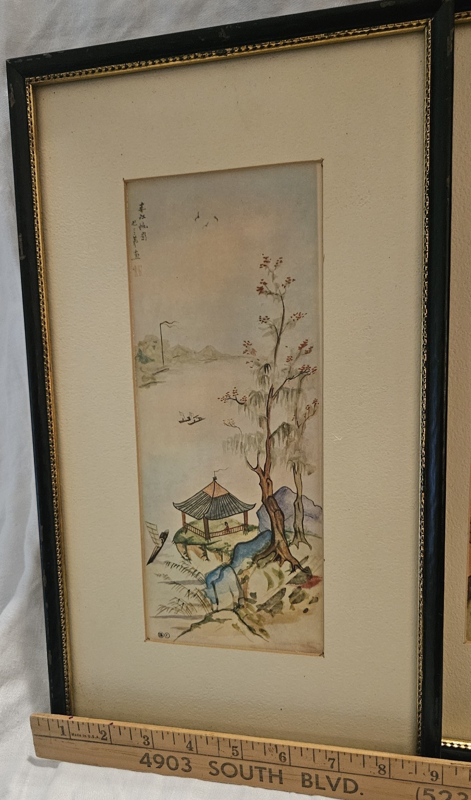 Set of 2 Vintage Signed Asian Watercolor Outdoor Water Scenes 9×15 Matted Framed