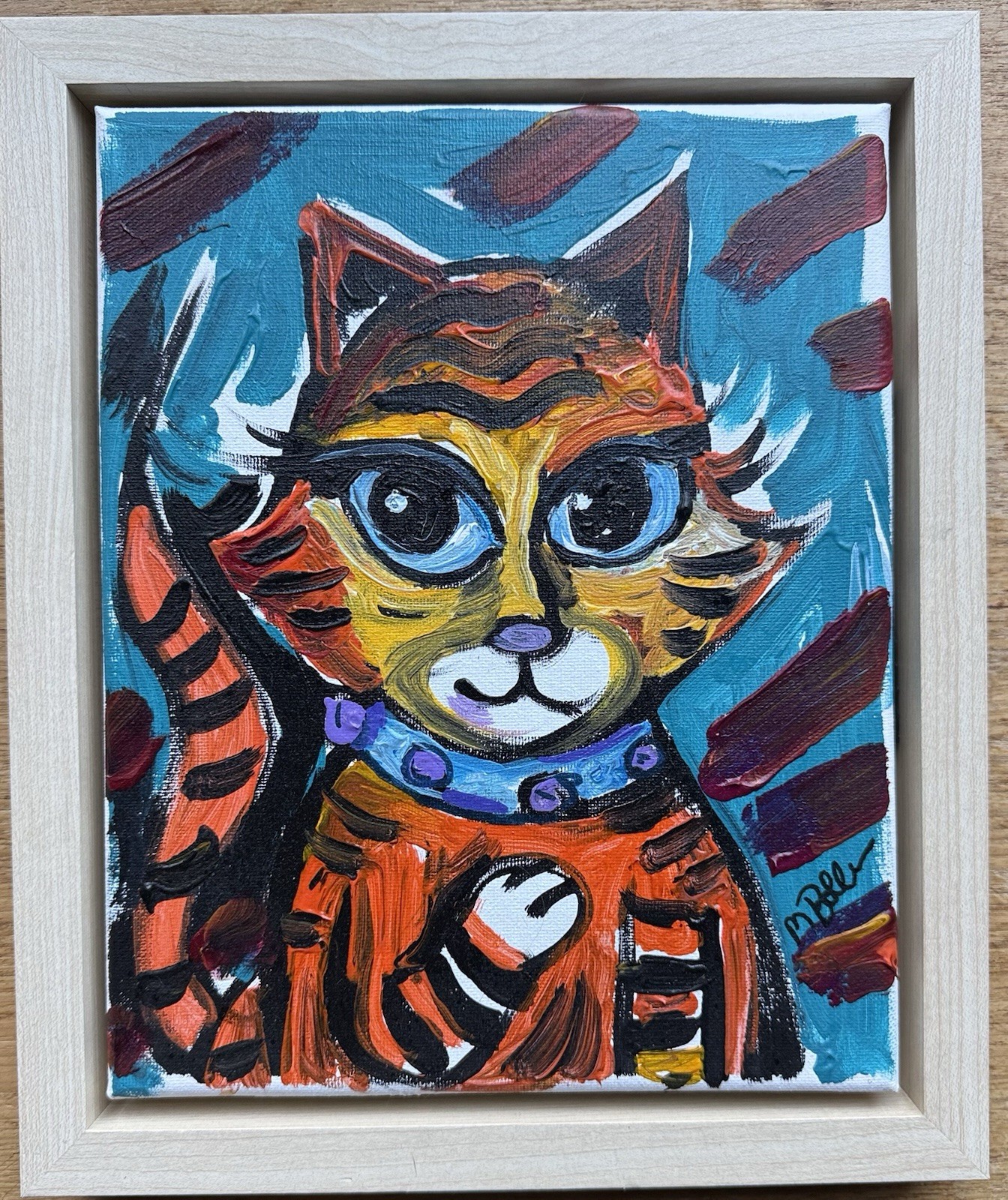Framed Original Tiger Cat Acrylic Painting By Melissa Bollen Cars