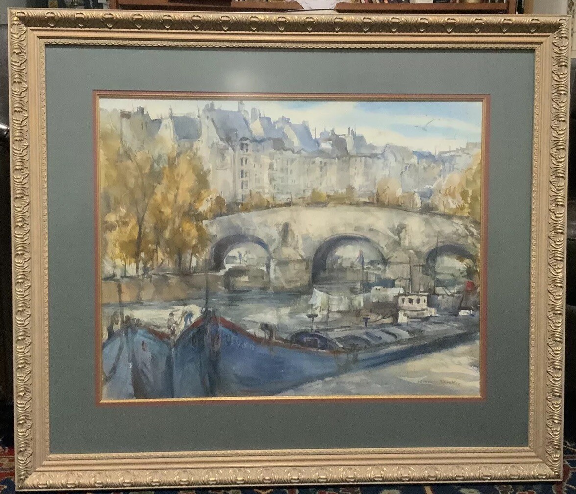 Original Leonard Brooks Watercolor, Bridge Canal, Framed, Matted, Signed 38×32
