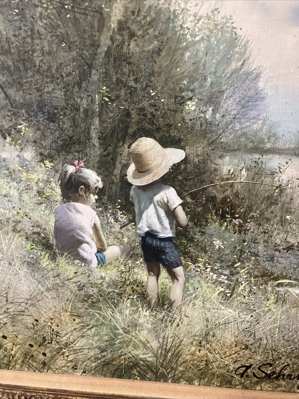 Adolf Sehring Original Painting On Canvas “Fishing” Framed 24″ X 30″