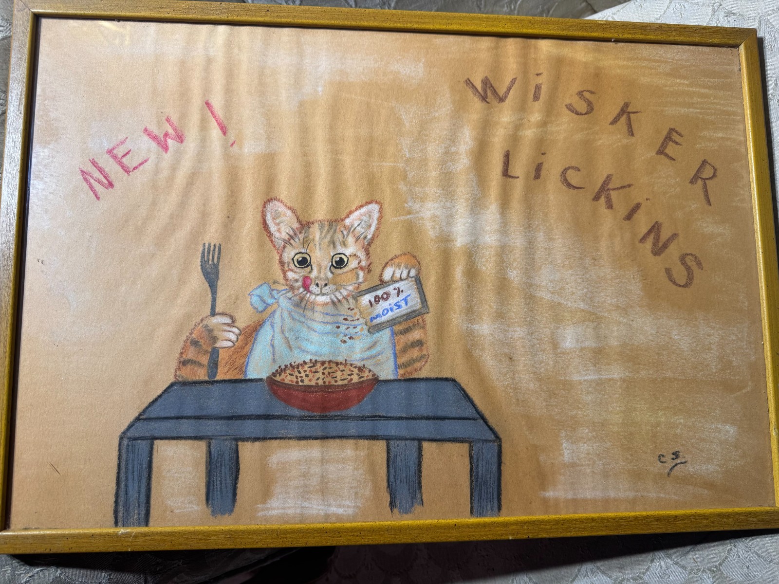 Antique CS “New! Wisker Lickins” Mixed Media Artwork – Signed And Framed
