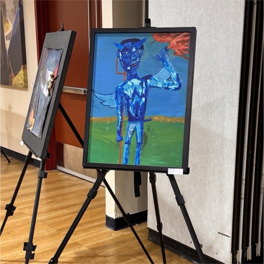 This work was done with paper and acrylic paint . ‘Blue Devil’