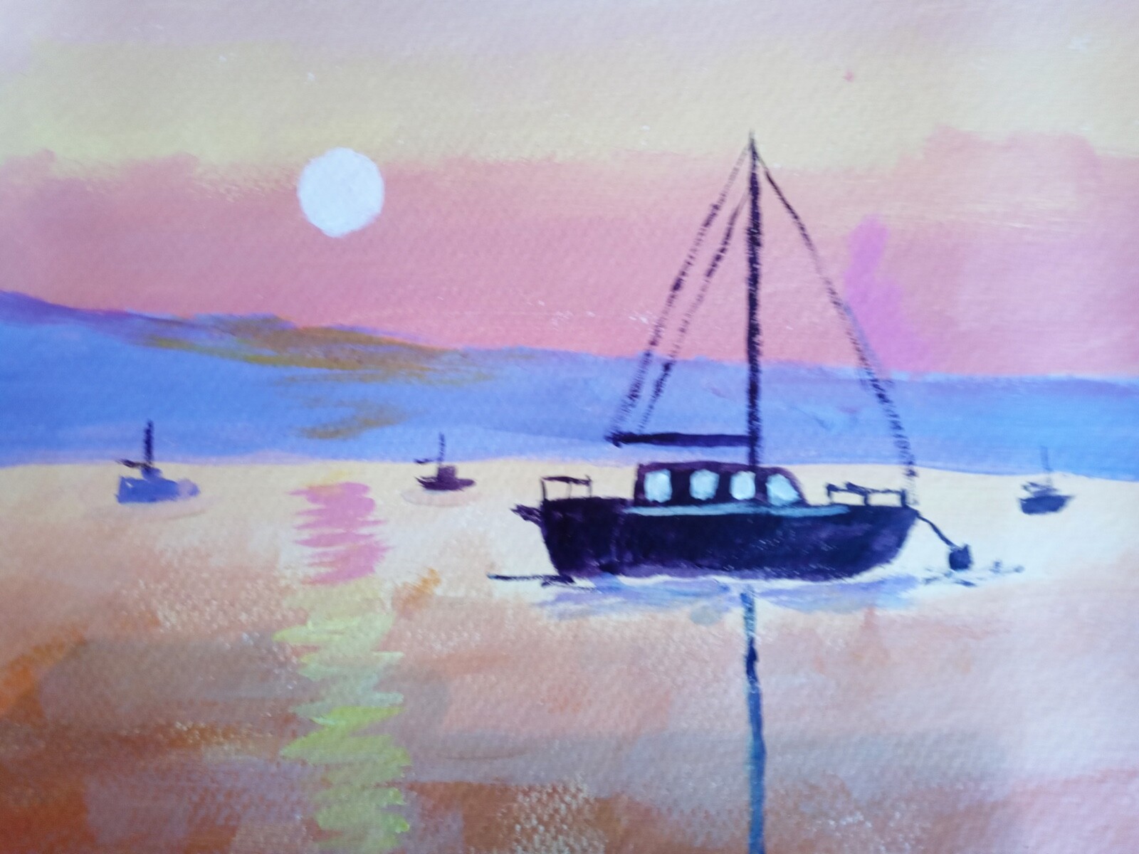 Impressionism 11×14 Sailboat at Sunrise Handmade Signed Colorful Art Painting