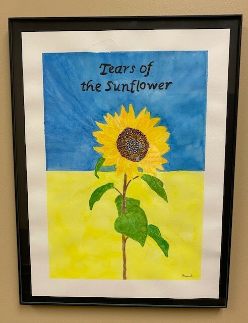 Original watercolor in 12″ x 16 1/4″ frame created 3/2022.  Inspired by Ukraine.