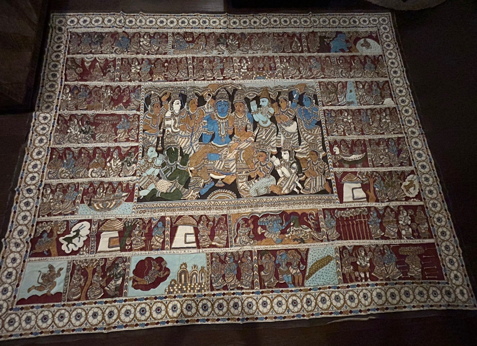 Vtg Indian Kalamkari Textile Fabric Cotton Hand painted Indu Mythology 108”x89”