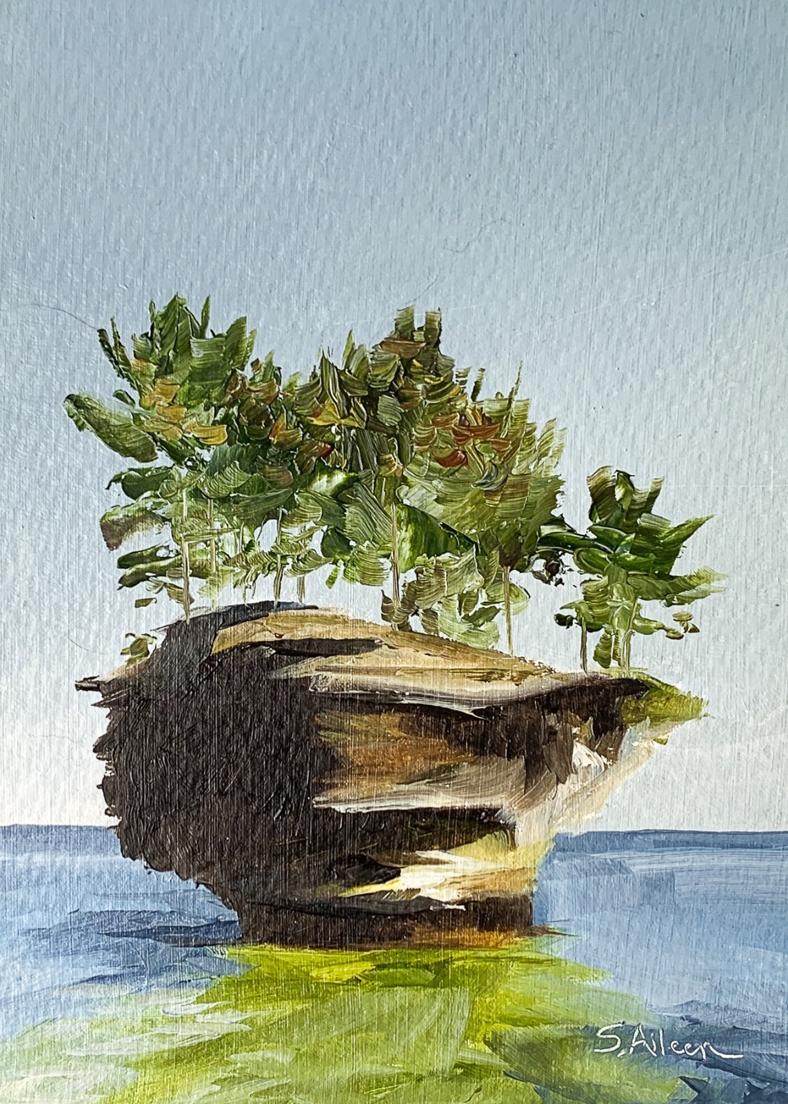 5×7 Original Oil Landscape Painting Michigan Turnip Rock Great Lakes Art Signed