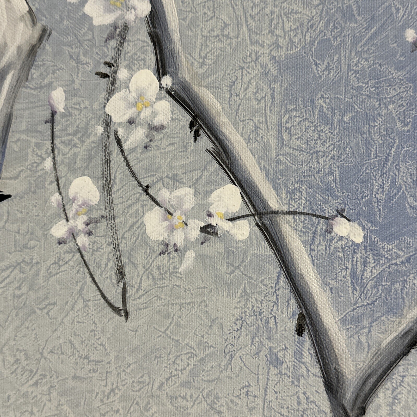 Birds on White Flowering Tree Oriental Chinese Canvas Painting Signed