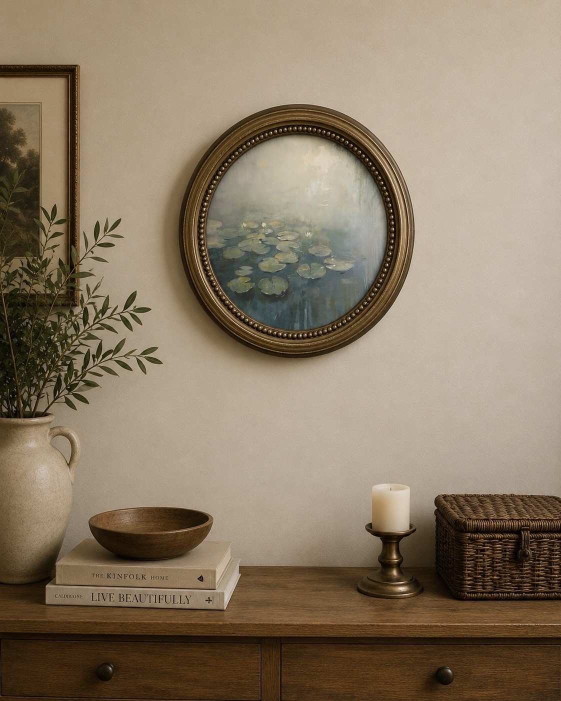 Framed Round Impressionist Painting, Water Lilies Pond Nature Wall Art