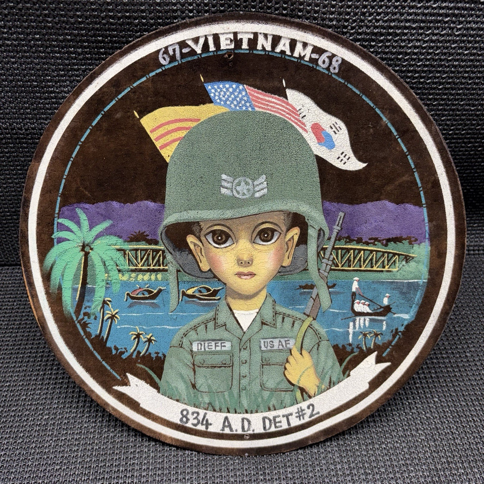 Vintage Velvet Big Eye Air Force Painting 1967-68 Vietnam War 12.5” (Wear)